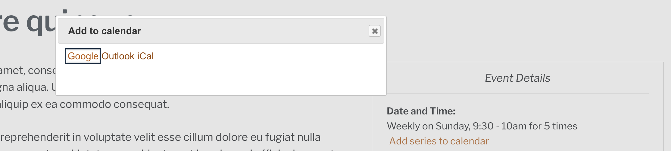 Screenshot of Add to calendar modal pop-up before this release