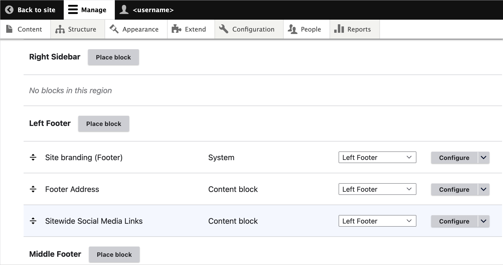 The Drupal Block Layout interface showing all content assigned to each region.
