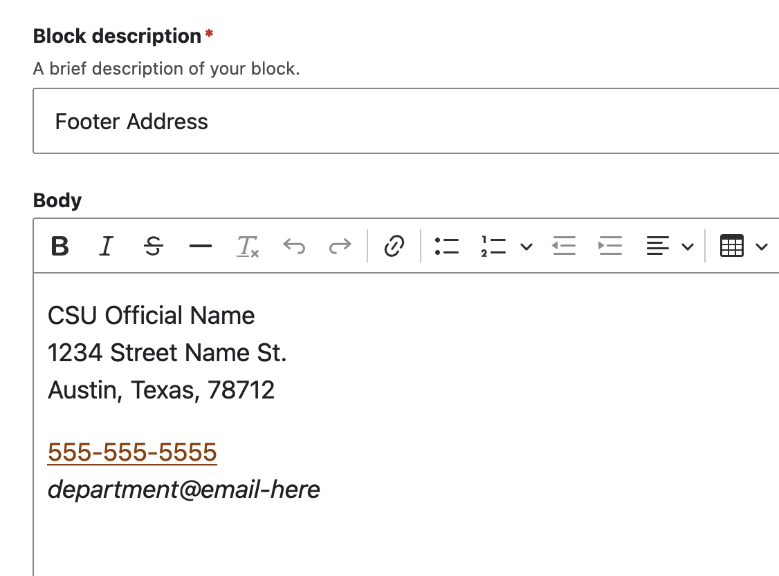 Screenshot of editing interface for a page region content