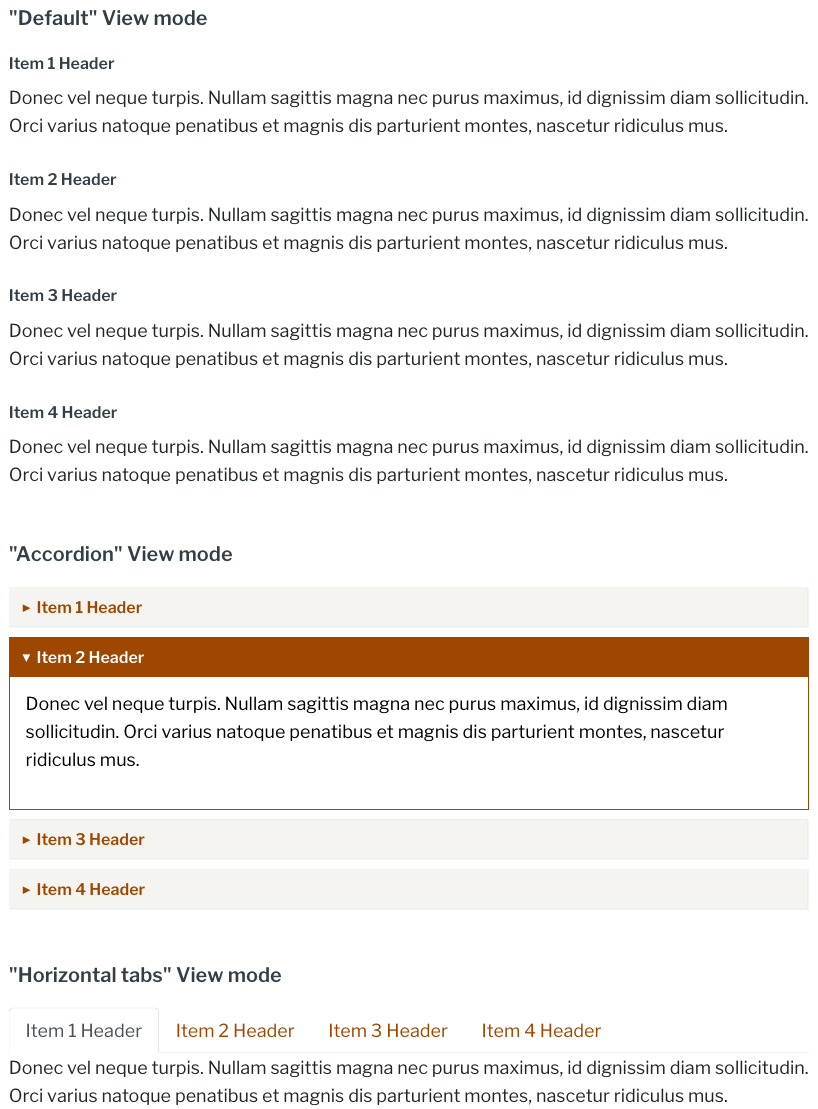 Flex list, showing default list, accordion, and horizontal tabs displays.