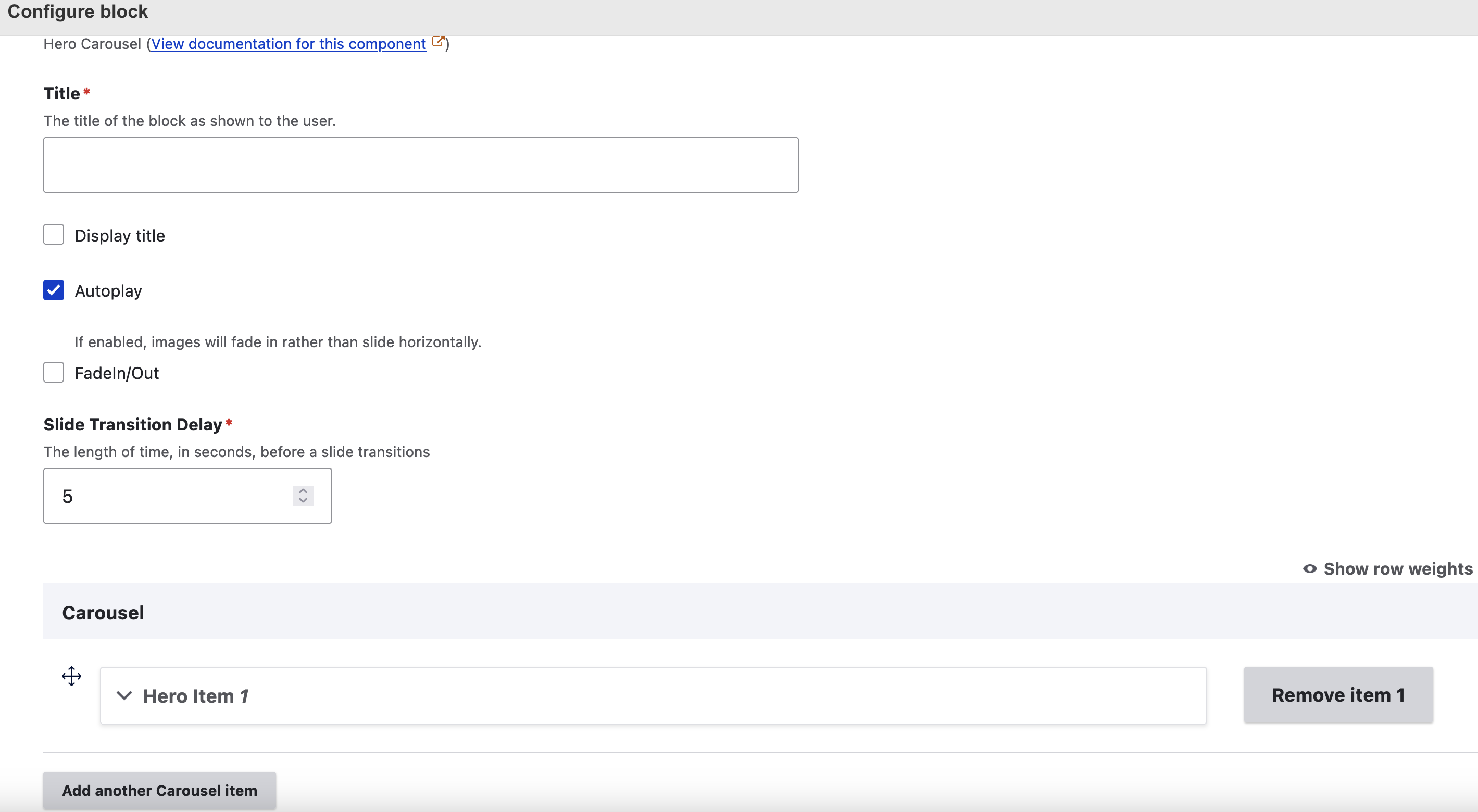 Hero Carousel block configuration