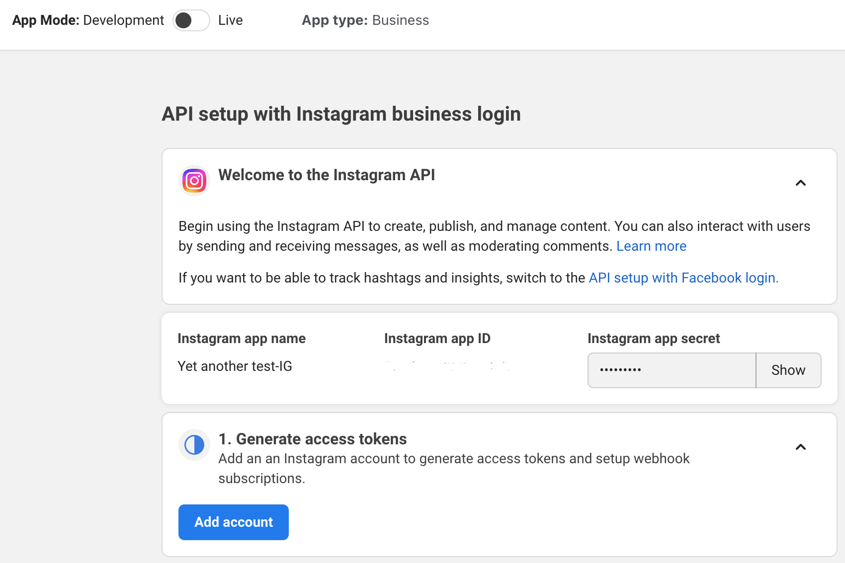 Screenshot showing Instagram app dashboard