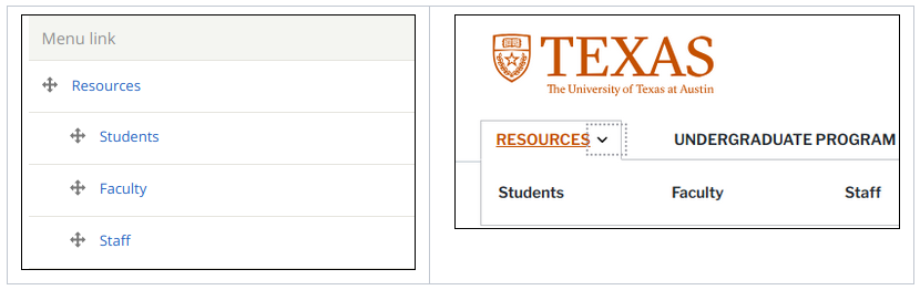 Editing menu link position (left) and result (right)