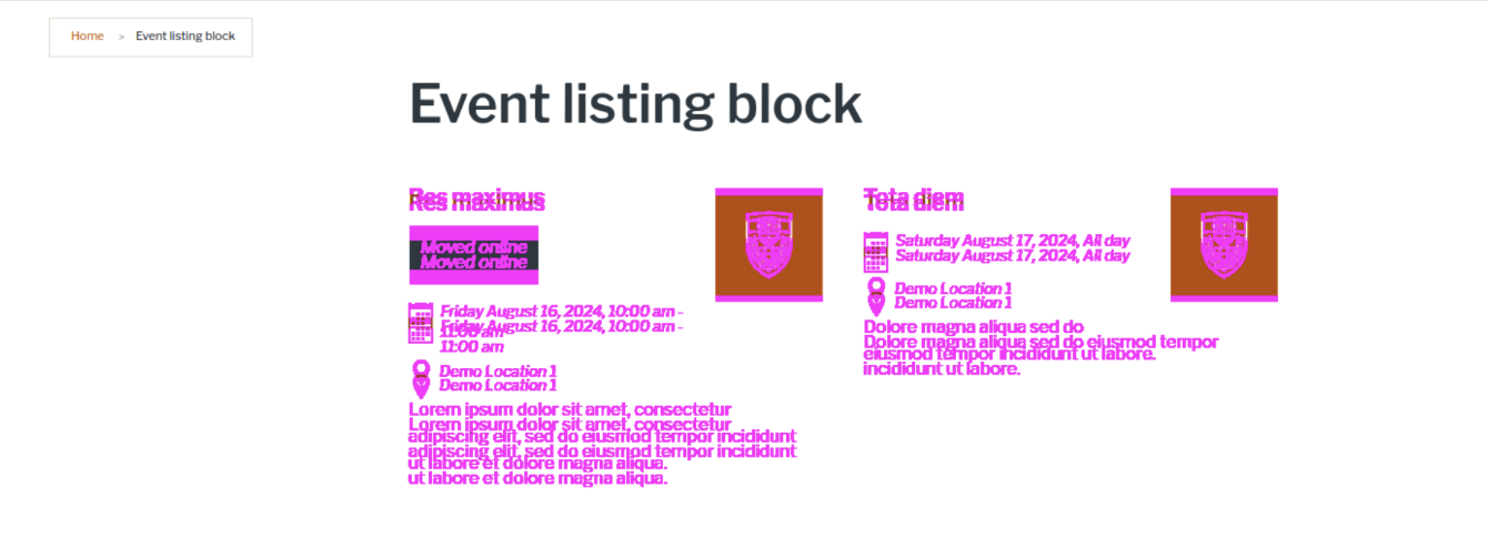 Screenshot of Event listing block headline padding adjustment