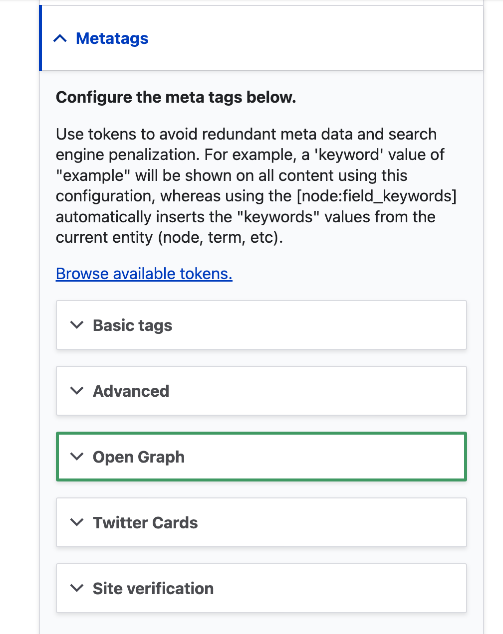 The Open Graph section of the Metatags