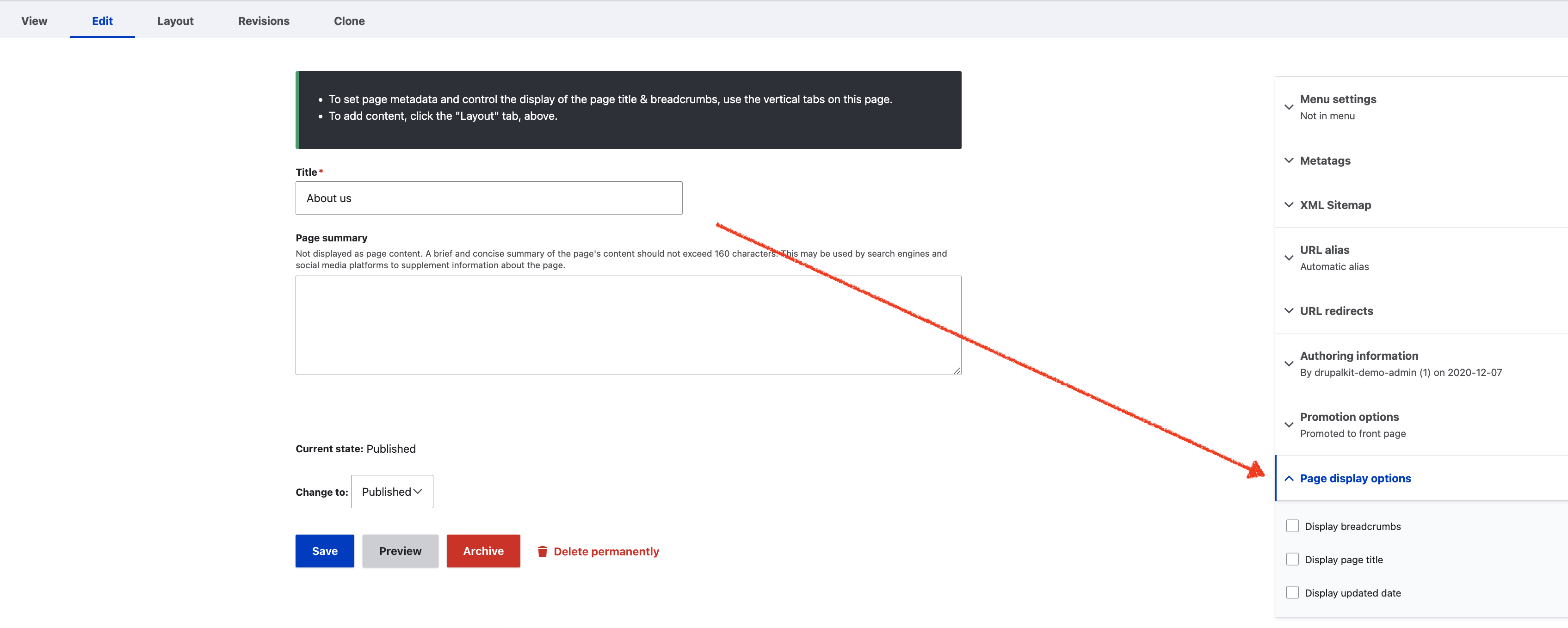 Interface for toggling page display options