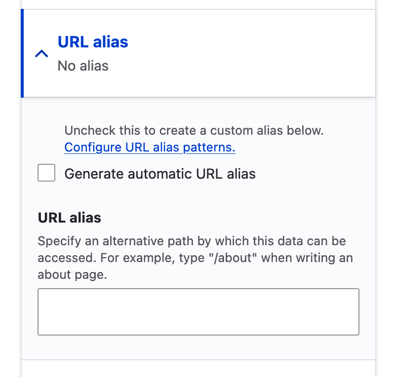 Image showing URL alias form on edit/create page
