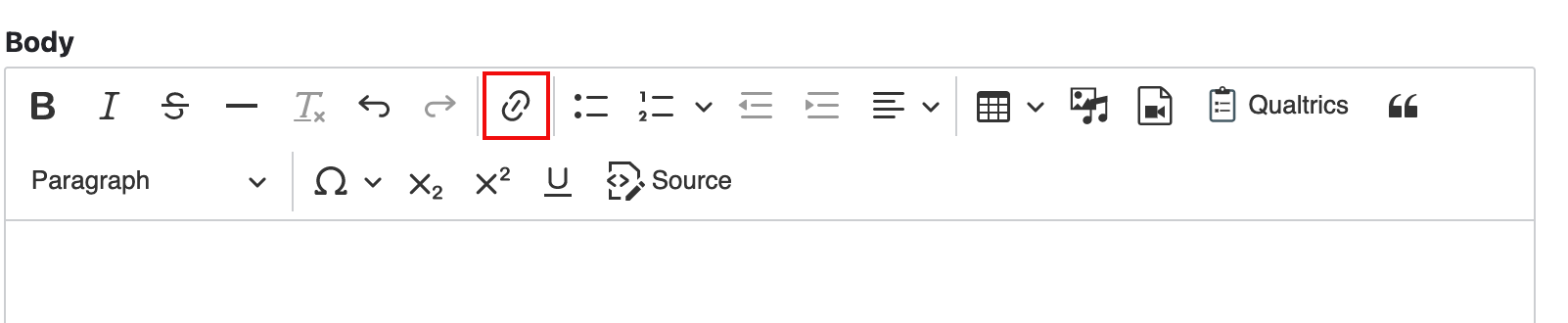 Image showing rich-text editor toolbar with icons highlighted for adding links