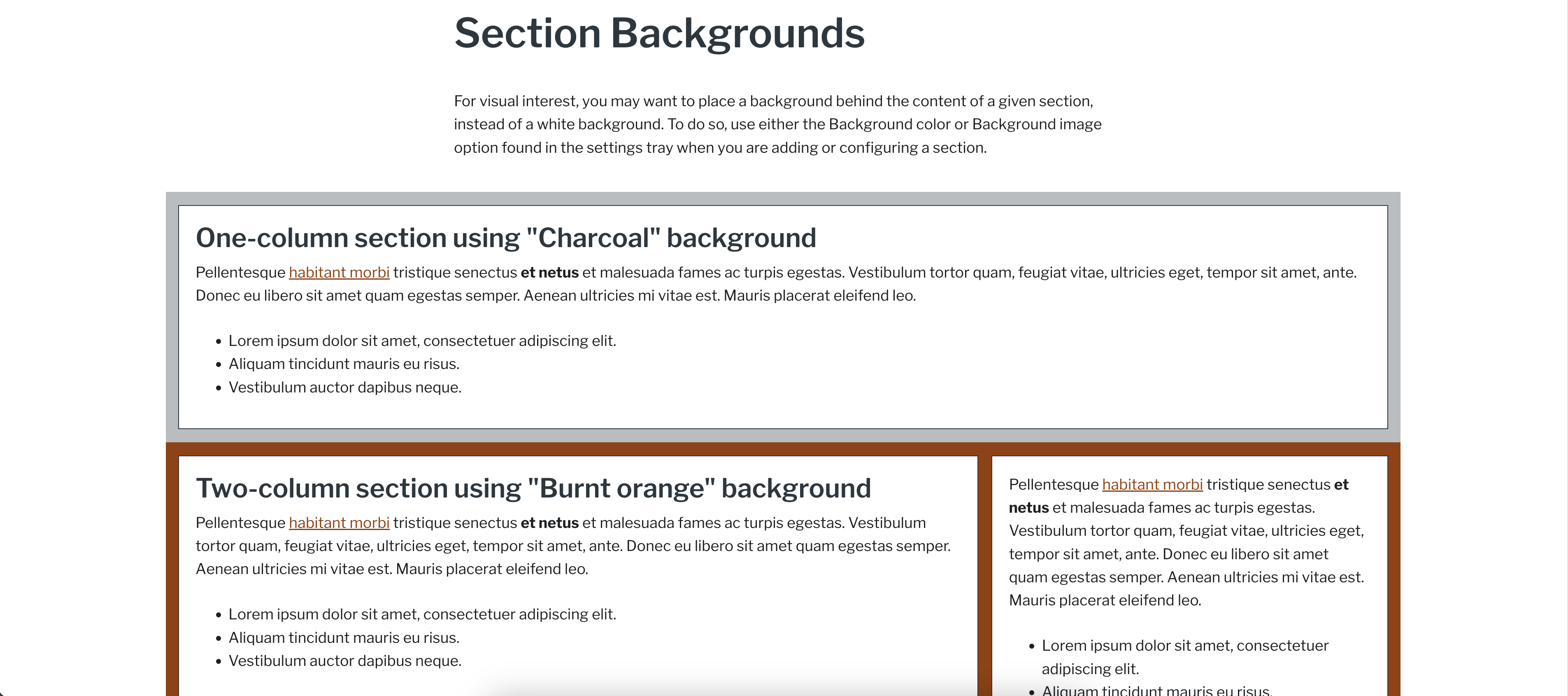 Screenshot of non-full-width section backgrounds