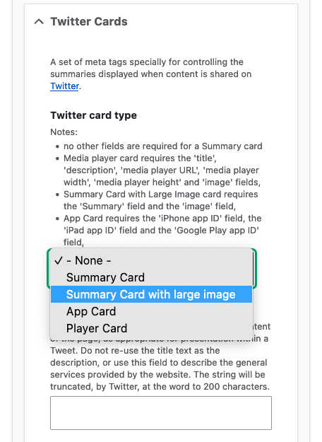 The Metatags Twitter Cards section showing the "Summary Card with large image" option selected so images will appear with X (formerly Twitter) posts