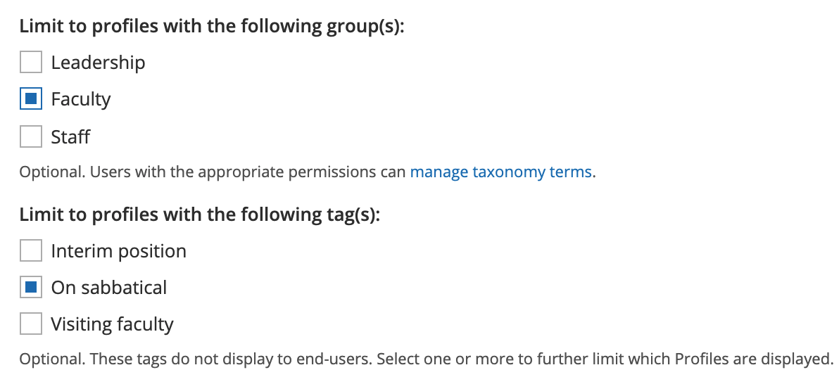 Filtering interface for Profile groups and internal tags using checkboxes